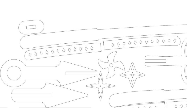 Op de afbeelding: Een set zwarte en witte papiercraft sjablonen voor het maken van ninja-wapens. De set bevat een katana, een shuriken, een kunai en een werpster.