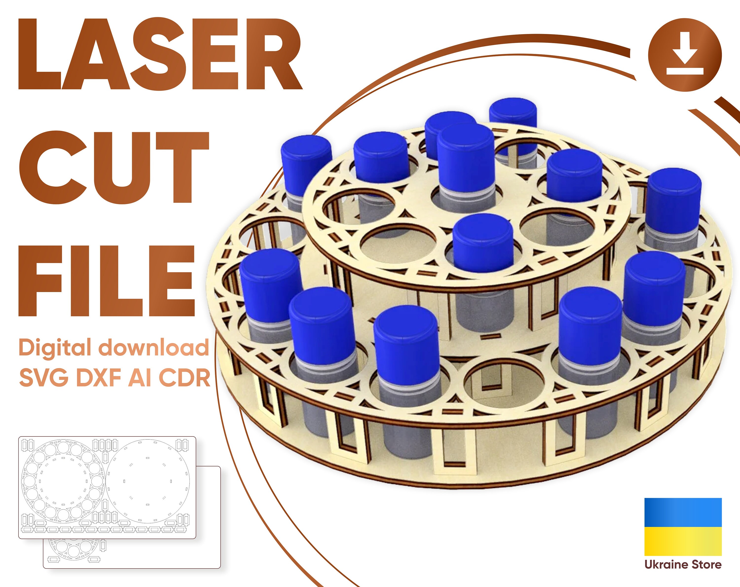 Ätherisches Öl Stand - SVG Laser Cut Dateien, runder Ölflaschen Halter mit Stufen