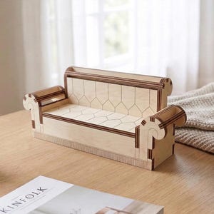 Midcentury poppenhuisbank SVG-lasergesneden bestand, houten bankminiatuur (digitaal plan)