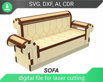 Sofa Dollhouse Furniture - SVG Laser Cut File, Midcentury Couch Design for Glowforge