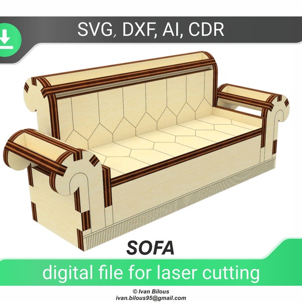 Sofa Puppenhaus Möbel - SVG Laser geschnittene Datei, Midcentury Couch Design für Glowforge