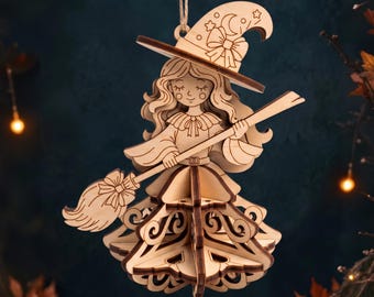 Autumn Witch Ornament Laser Cut File, 3D Wooden Halloween Decoration SVG
