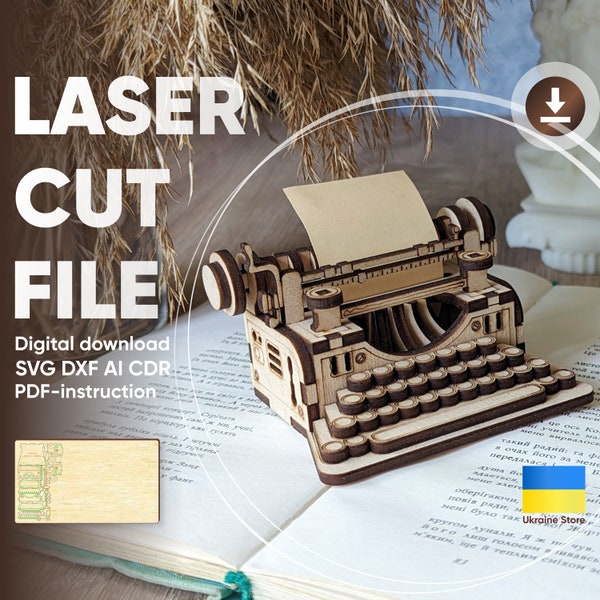 Máquina de escribir SVG Laser Cut File, proyecto láser listo para usar en miniatura de rompecabezas 3D