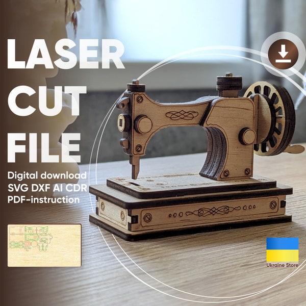 Máquina de coser: archivo de corte por láser, planos SVG para máquinas de corte por láser y máquinas Glowforge con instrucciones de montaje