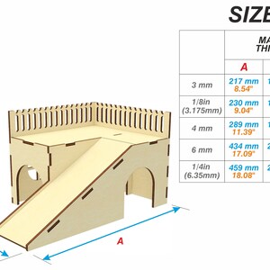 May include: A wooden hamster house with a ramp and a fenced-in platform. The house is available in different sizes and material thicknesses, with measurements in inches and millimeters.  Sizes: A: 8.54" - 18.08", B: 5.31" - 11.25", C: 4.57" - 9.67". Material Thickness: 3 mm, 1/8in (3.175mm), 4 mm, 6 mm, 1/4in (6.35mm).