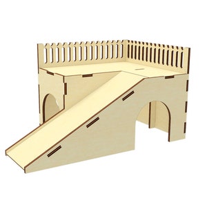 May include: Wooden hamster house with a ramp and a fenced-in top level.