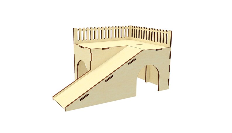 May include: Wooden hamster house with a ramp and a fenced-in top level.