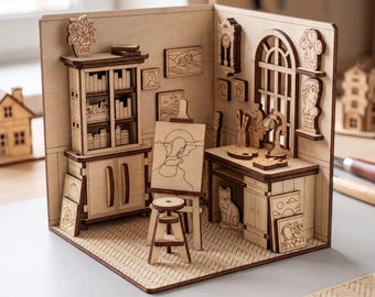 Artist Workshop Book Nook  Laser Cut File, SVG Plywood Project of DIY Room Diorama