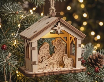Nativity Ornament - Laser Cut File, SVG Christmas Miniature with Barn, Jesus and Holy Family