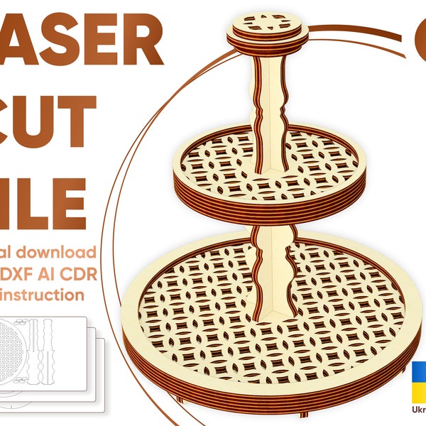 Round Tiered Tray - Laser Cut File, SVG plan of the patterned Display stand with a handle