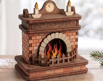 Archivo de corte láser para adorno navideño de chimenea en miniatura, muebles de madera para casa de muñecas SVG