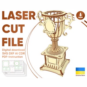 Puchar Trofeum - plik cięty laserowo, projekt sklejki 3D projektu nagrody jako plan wektorowy z instrukcją montażu