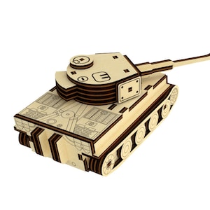 May include: A wooden model of a tank, with a brown and beige color scheme. The tank has a detailed design, including a turret, wheels, and tracks. The model is made of laser-cut wood and is ready to be assembled.