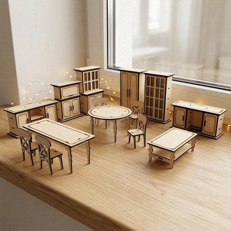 Dollhouse Furniture Laser Cut Bundle, SVG Miniature Table Chair Desk Cupboard Set (Digital Download) image 4