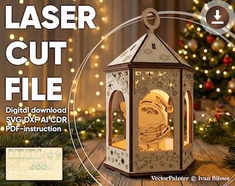 クリスマスランタンオーナメント - Laseカットファイル、サンタ、トナカイ、クリスマスツリーのDXFテンプレート