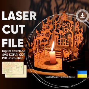 Halloween - Laser Cut File, SVG plan of Shadow Lamp with Witch and Abandoned house and Ghosts