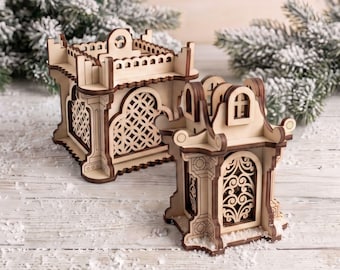 Miniature Lantern Ornament Set Laser Cut File, 2 Wooden Christmas Tree Decorations SVG