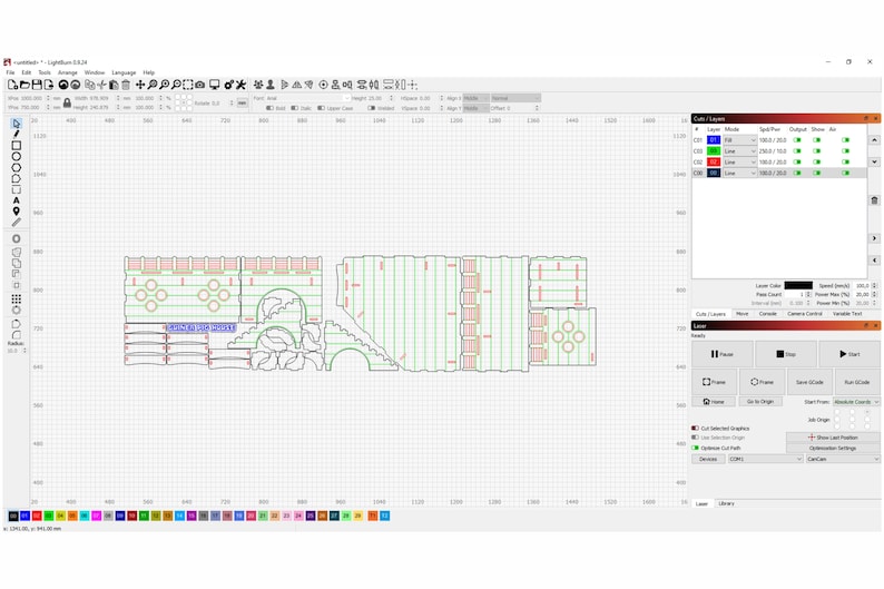 May include: A computer screen displaying a design program with a detailed, multi-layered design of a castle. The design is made up of various shapes and lines, with different colors representing different layers. The design is displayed on a grid, and the program's interface is visible along the top and right sides of the screen.
