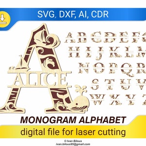 Monogramma alfabeto - file tagliato al laser, segno del nome SVG lettere per bambini