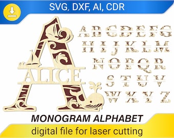 Monogram Alphabet - laser cut file, Name sign SVG Letters for kid