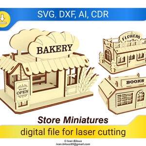 Store miniatures ornaments - laser cut files, Bookstore, Flower shop and Bakery miniatures SVG