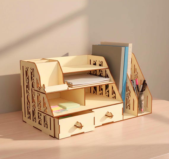 Schreibtisch Organizer Laser Cut Datei, Holz Schreibtisch Regal SVG, Büro Aufbewahrung (digitaler Download)