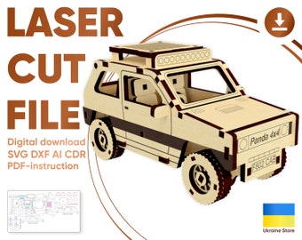 Könnte beinhalten: Ein digitaler Download einer Laser-Schnittdatei für ein Holzmodell eines Autos. Das Modell ist ein 4x4 Geländewagen mit einem Dachgepäckträger und einer Lichtleiste. Die Datei enthält die Formate SVG, DXF, AI und CDR sowie PDF-Anleitungen. Der Text "Panda 4x4" und "F802 CAB" ist auf dem Modell sichtbar.