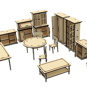 May include: A set of wooden furniture for a dollhouse, including a table, chairs, cabinets, and a wardrobe. The furniture is made of light brown wood and has a simple design.
