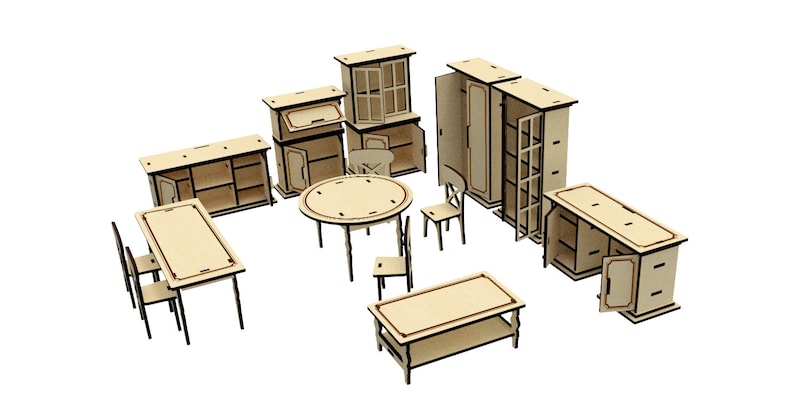 May include: A set of wooden furniture for a dollhouse, including a table, chairs, cabinets, and a wardrobe. The furniture is made of light brown wood and has a simple design.