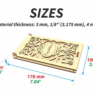 May include: A wooden box with a decorative cutout design and the word "Congratulations!" inscribed. The box is 7.04 inches long, 3.94 inches tall, and 0.716 inches wide. The material thickness is 3 mm, 1/8" (3.175 mm), or 4 mm.
