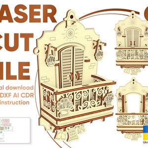 Balcony with opening door - laser cut file, Photo frame SVG plans for laser machines