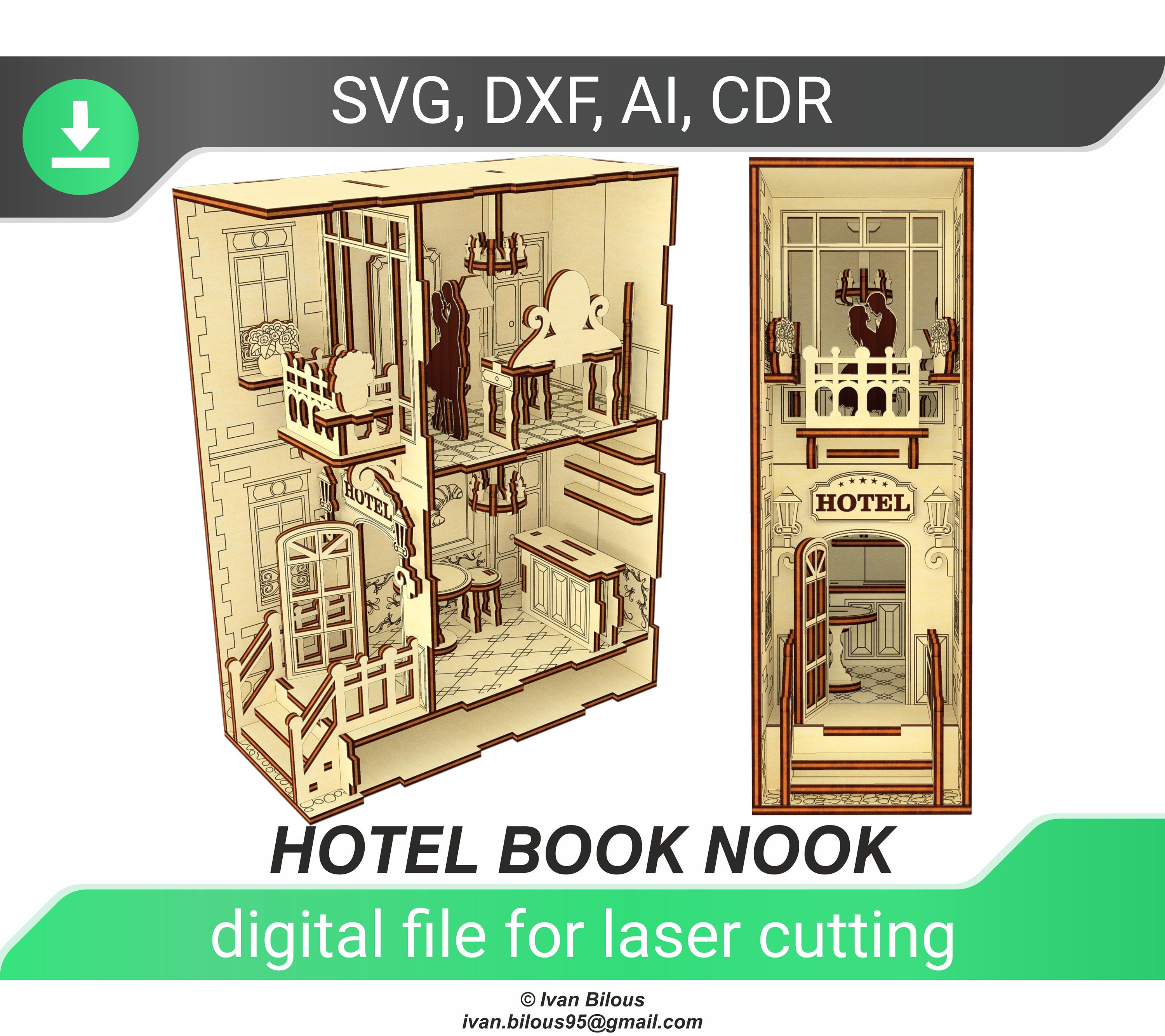 Coin de livre d’hôtel - Fichiers SVG découpés au laser, motif Glowforge, fichier numérique d’encart de coin de livre d’étagère