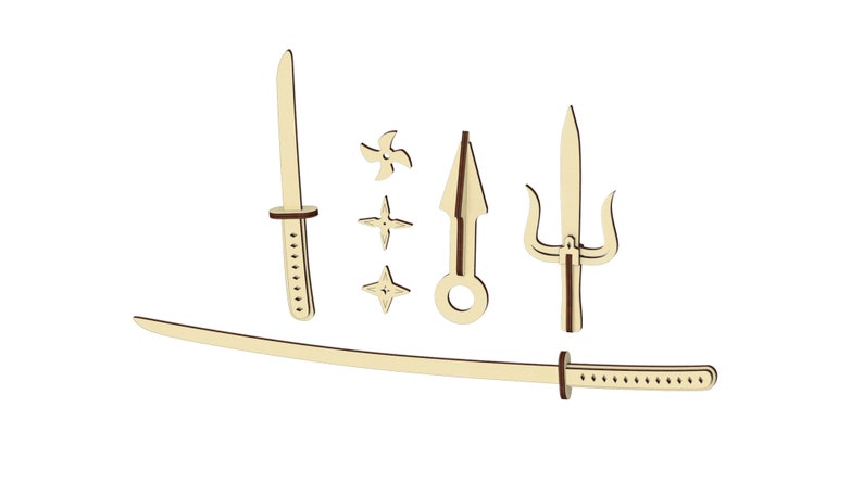 Op de afbeelding: Een set houten ninja-wapens, waaronder een katana, een sai, een werpster en een dolk. De wapens zijn allemaal gemaakt van lichtbruin hout en hebben een natuurlijke afwerking.