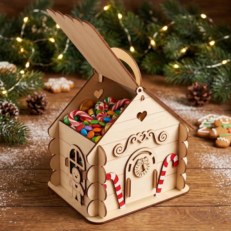 A wooden toy house with a roof, decorated with candy canes and other festive decorations, sits on a wooden surface surrounded by pine branches and Christmas lights.