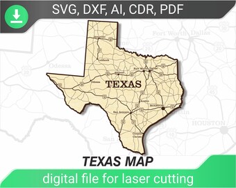 Texas laser cut map template, SVG file for Glowforge, CNC, laser machine