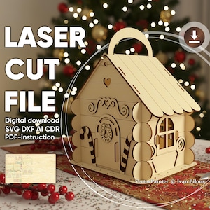 Laser cut file preview showing a wooden gingerbread house gift box with a handle, presented with Christmas lights and a small layout preview of the digital SVG, DXF, AI, and CDR design