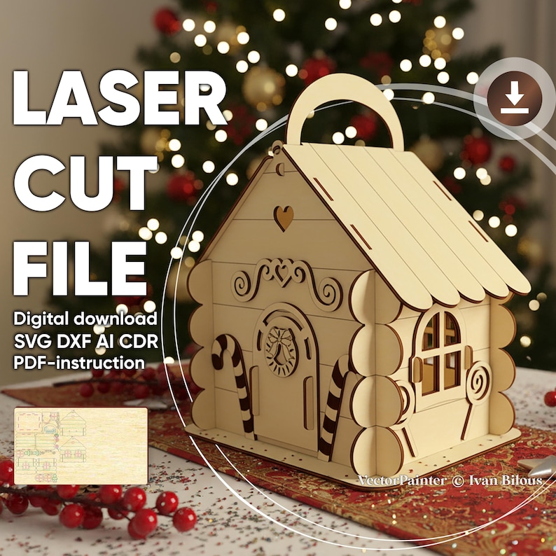 Laser cut file preview showing a wooden gingerbread house gift box with a handle, presented with Christmas lights and a small layout preview of the digital SVG, DXF, AI, and CDR design