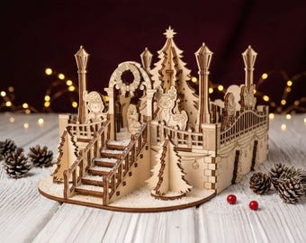 Christmas Town Square Laser Cut File, Miniature Scene with Elves and Reindeer SVG