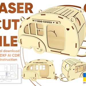 Casetta per uccelli camper - file tagliato al laser, modello Glowforge, nido per rimorchio