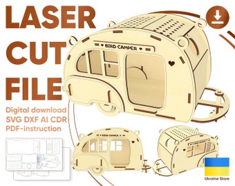 Birdhouse camper - laser cut file, Glowforge pattern, Trailer nesting box