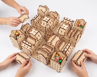 Christmas Village Advent Calendar Laser Cut File, 24 Wooden Houses with Removable Roofs SVG