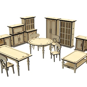 May include: A set of wooden dollhouse furniture, including a table, chairs, a cabinet, and a bookcase. The furniture is made of unfinished wood and is ready to be painted or stained.