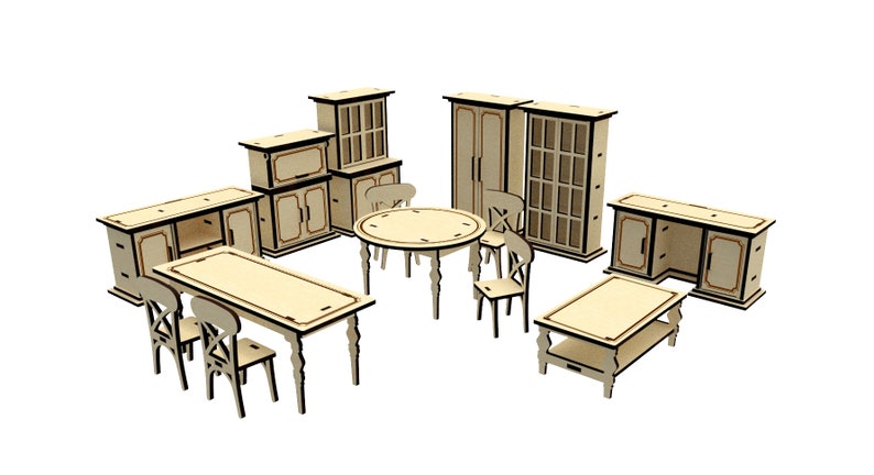 May include: A set of wooden dollhouse furniture, including a table, chairs, a cabinet, and a bookcase. The furniture is made of unfinished wood and is ready to be painted or stained.