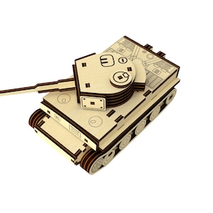 May include: A wooden model of a tank, with a brown and beige color scheme. The tank has a rotating turret and a long barrel.