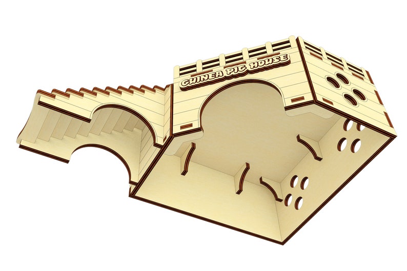 May include: A wooden guinea pig house with a ramp and a large arched opening. The house has a sign that reads "Guinea Pig House".