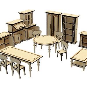 May include: A set of wooden furniture for a dollhouse, including a dining table and chairs, a coffee table, and several cabinets with doors and shelves.