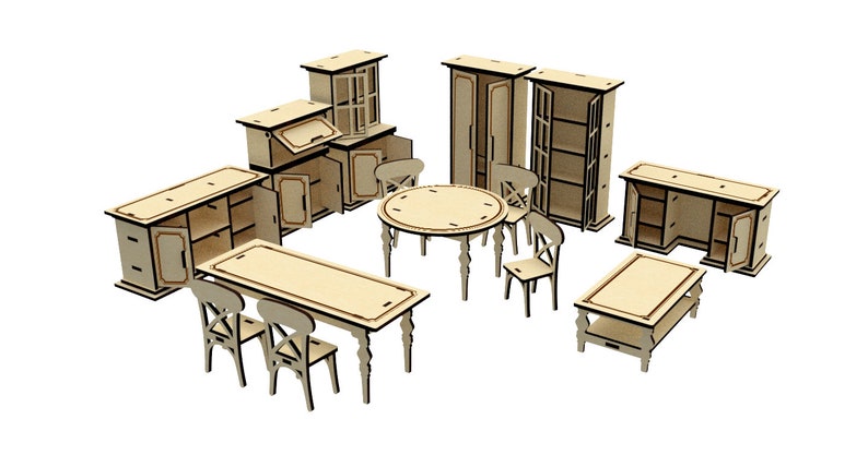 May include: A set of wooden furniture for a dollhouse, including a dining table and chairs, a coffee table, and several cabinets with doors and shelves.