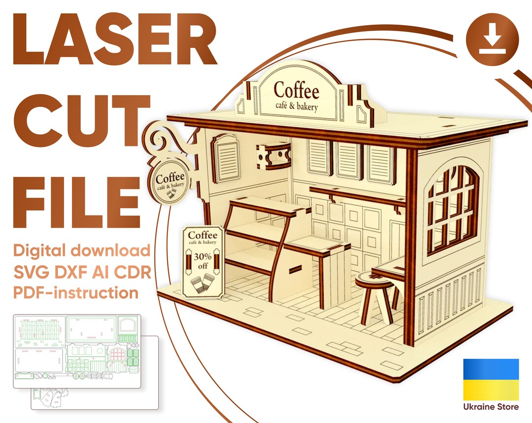 Coffee shop SVG laser cut dollhouse, Cafe glowforge plan -  Portugal