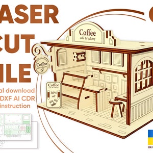 Coffee shop SVG laser cut dollhouse, Cafe glowforge plan