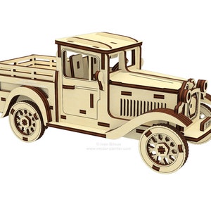 May include: A wooden model kit of a vintage pickup truck. The truck is made of light wood with brown accents. The truck has a flatbed and a cab with a windshield and two doors. The truck has four wheels with detailed spokes.